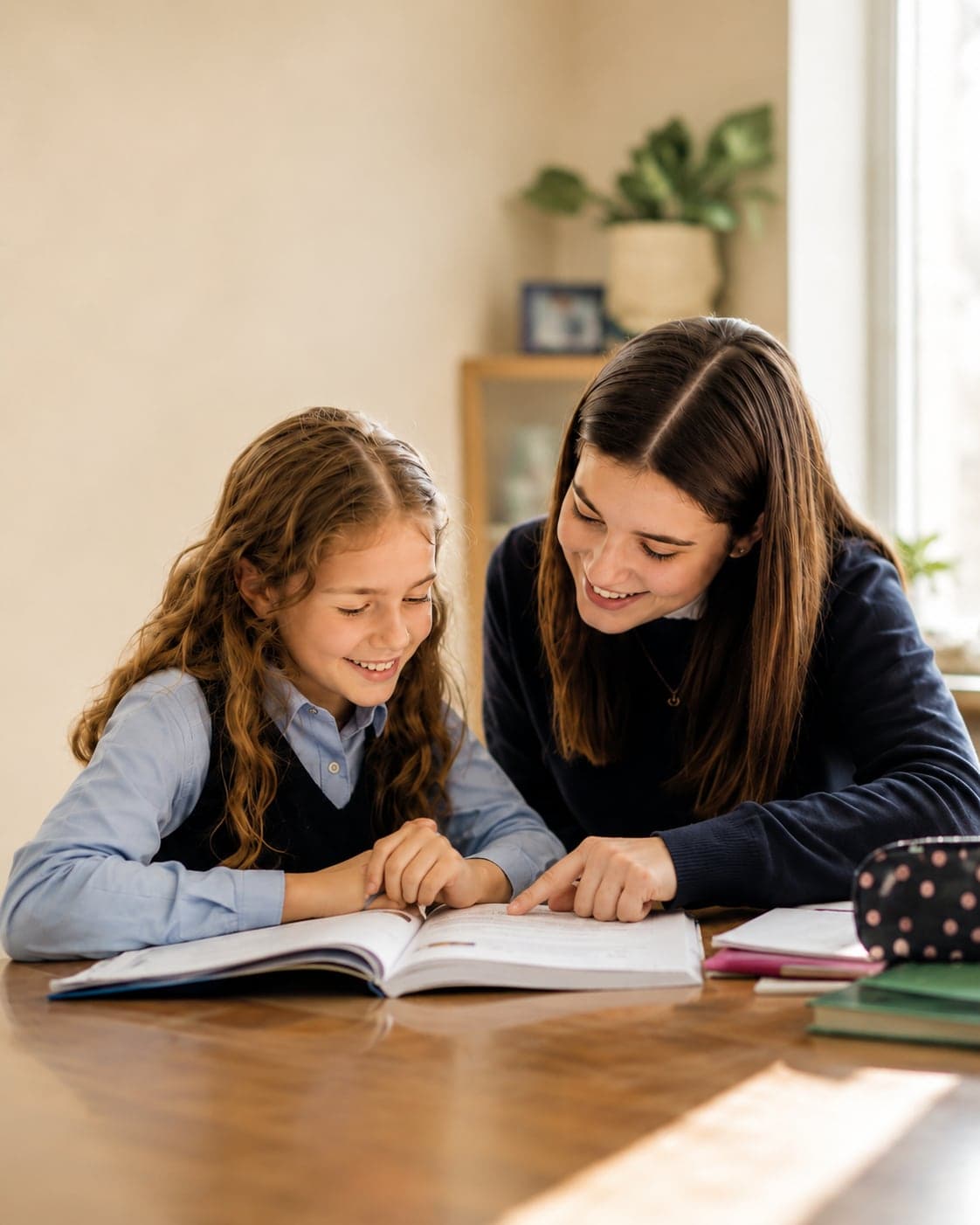 An older student tutoring a younger girl at a warm kitchen table, both smiling over her workbook